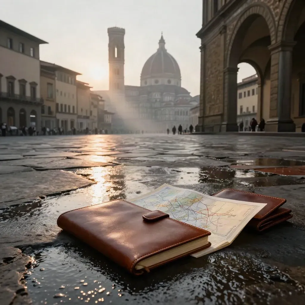 Piazza storica di Firenze all’alba, selciato bagnato, taccuino e mappa piegata, luce radente.