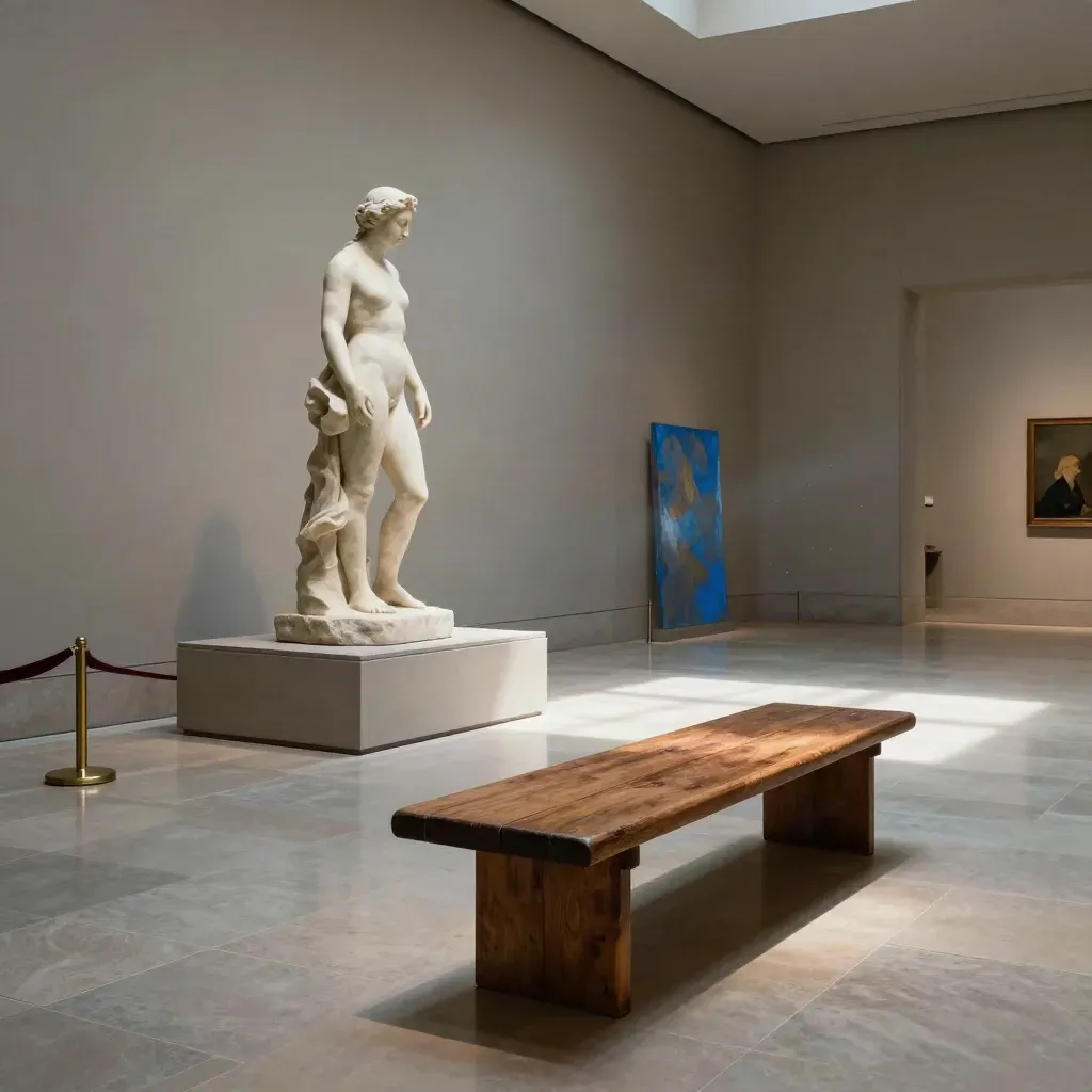 Sala museale silenziosa con scultura marmorea, panca in legno e cordone di velluto.