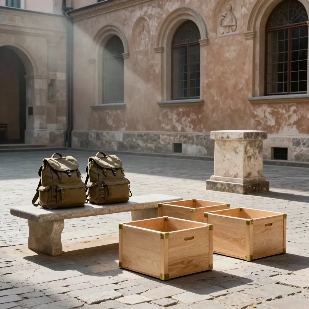 Cortile museale con panca, zaini chiusi e cassette didattiche davanti a facciata storica.
