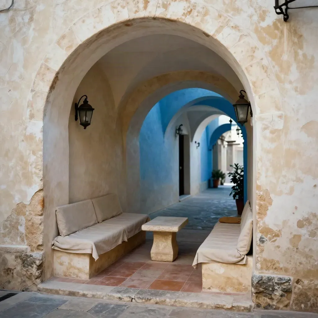 Loggia stretta in pietra con tre sedute basse, lanterne spente e passaggio curvo in profondità.