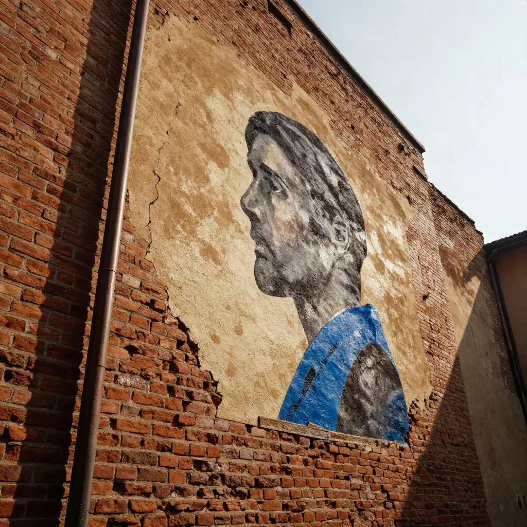 Murale finito in una corte bolognese, mattoni antichi e tubo di scolo visti dal basso