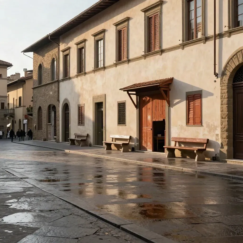 Piazza fiorentina vuota con facciate rinascimentali, bottega chiusa e panchine di pietra al tramonto.