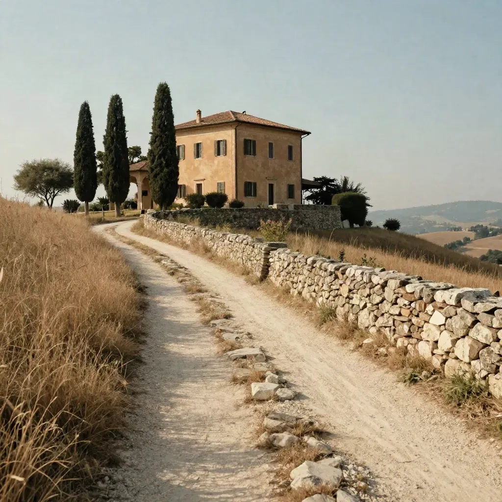 Sentiero di collina verso villa storica, cipressi e muro in pietra alla luce calda.
