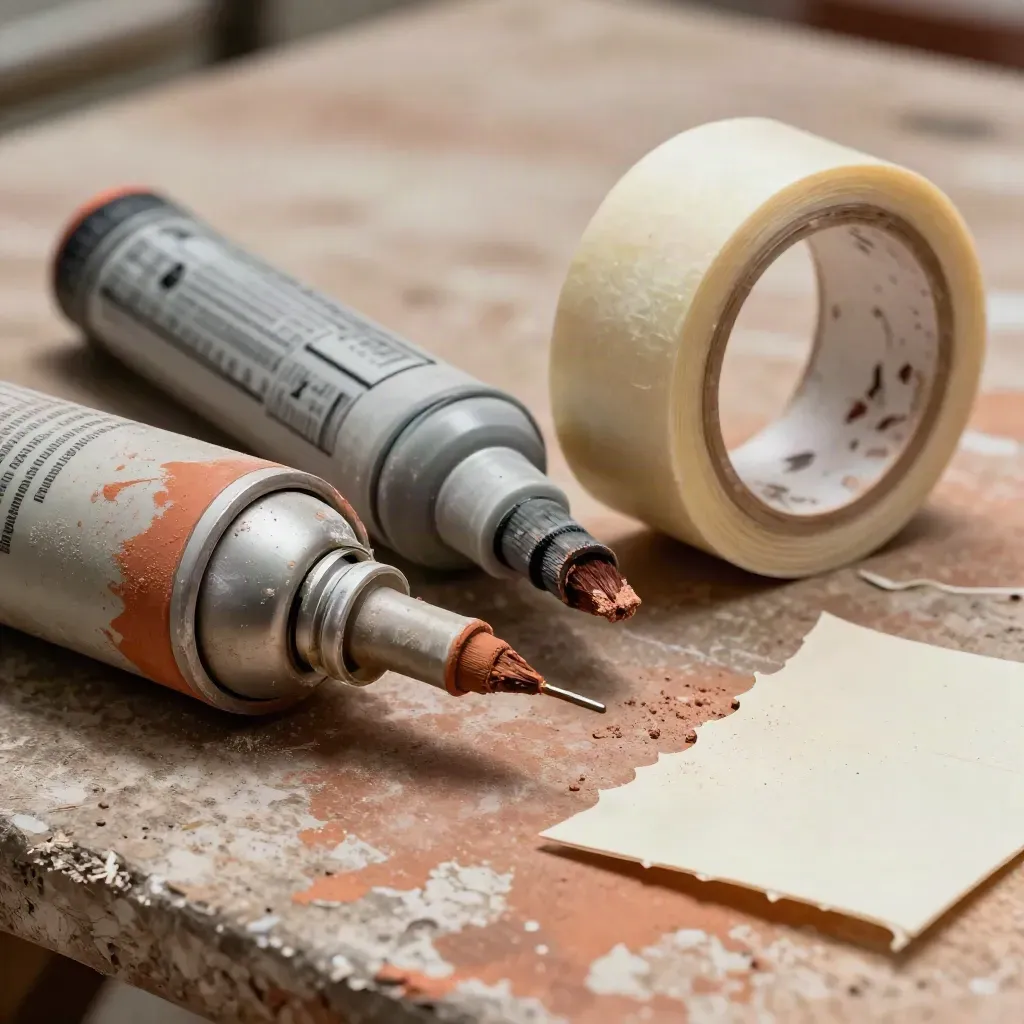 Tappi spray, marker, nastro e stencil su un banco terracotta, in macro con luce radente.